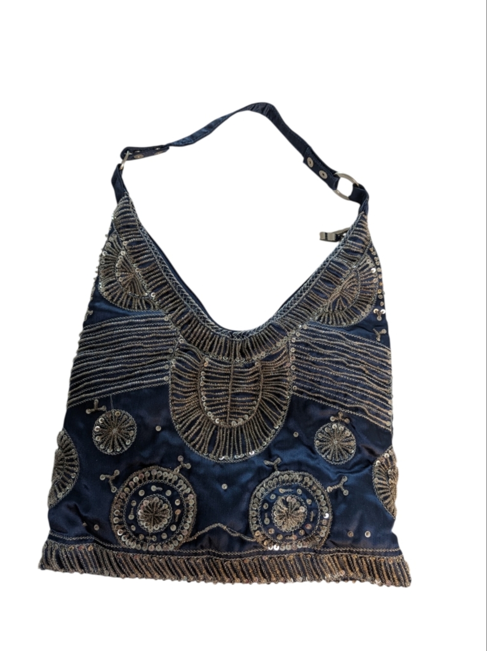 ALDO Blue Beaded Embroidered Satin Hobo Bag Purse Silver Sequins Fringe